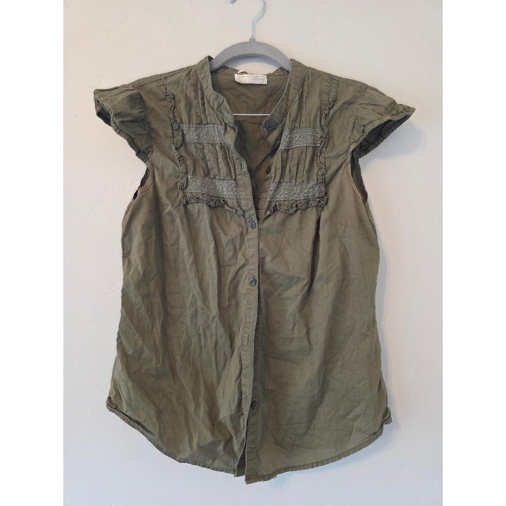 Olive Green Boho Button Up Blouse Lace Trim Cottagecore Top Size M